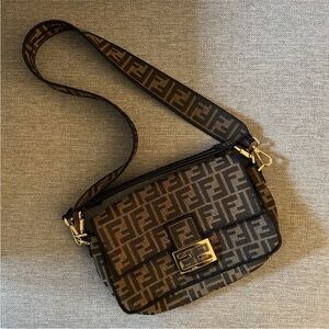 Fendi Baguette Jacquard FF Fabric Medium Brown Bag